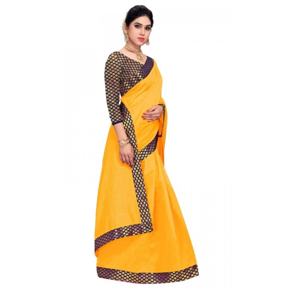 Clasymist Women's Chanderi Cotton Lace Border Saree With Blouse (Gold, 5-6 Mtrs)