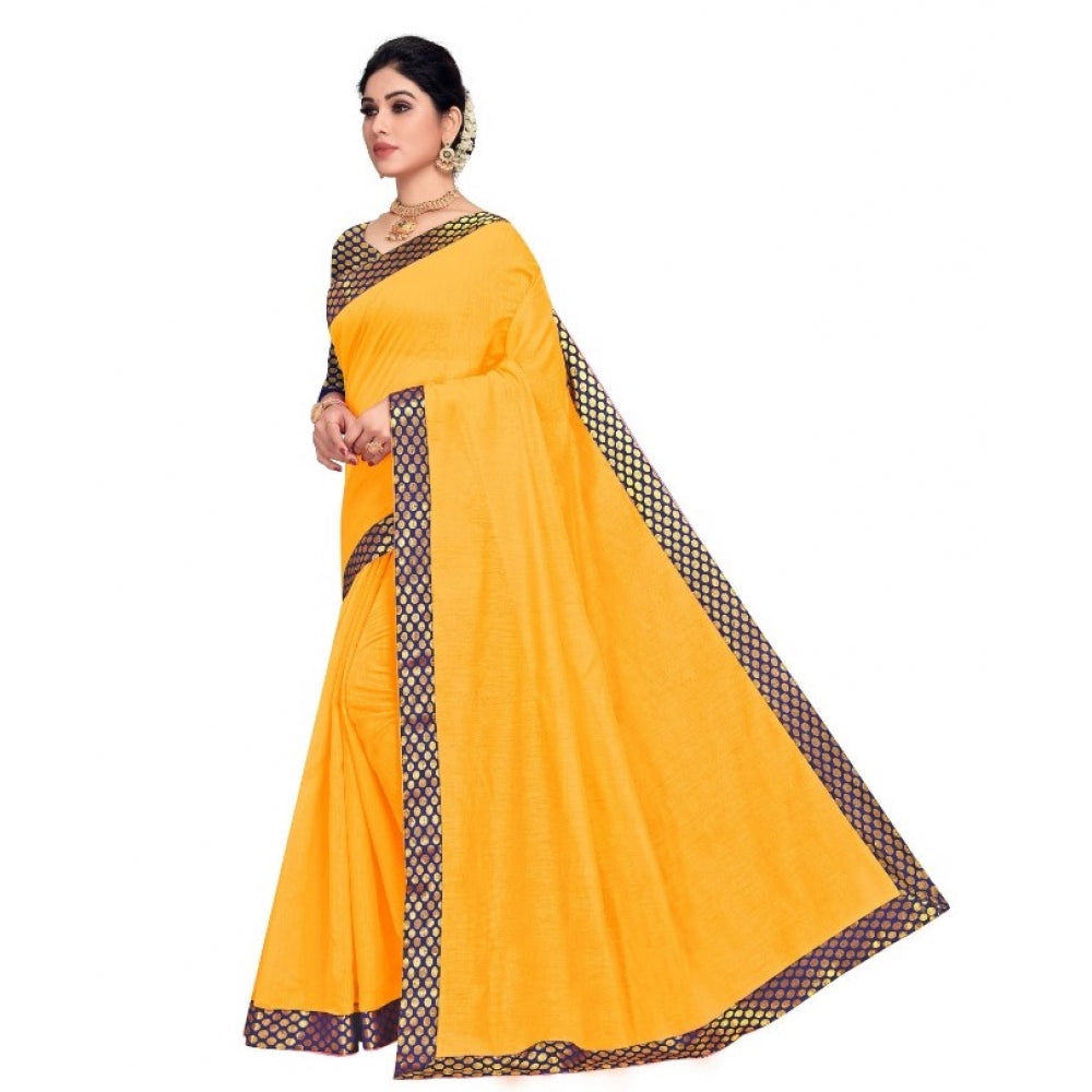 Clasymist Women's Chanderi Cotton Lace Border Saree With Blouse (Gold, 5-6 Mtrs)