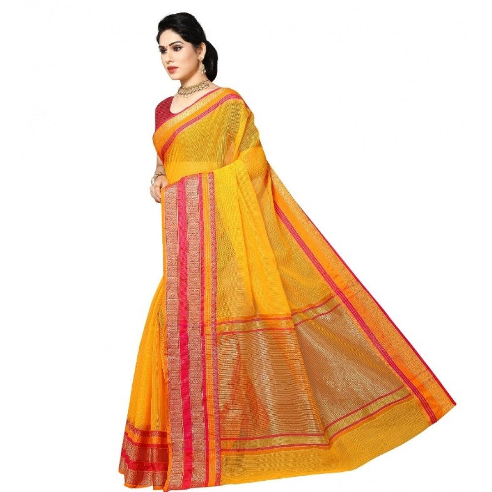 Clasymist Women's Kota Doria Cotton Border Saree With Blouse (Gold, 5-6 Mtrs)