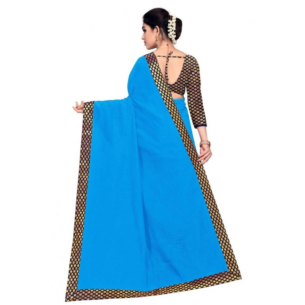 Clasymist Women's Chanderi Cotton Lace Border Saree With Blouse (Sky Blue, 5-6 Mtrs)