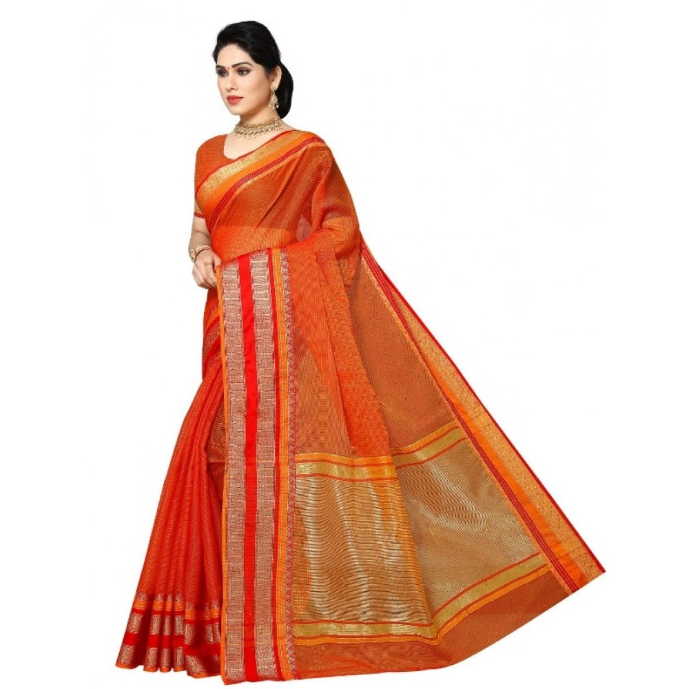 Clasymist Women's Kota Doria Cotton Border Saree With Blouse (Orange, 5-6 Mtrs)