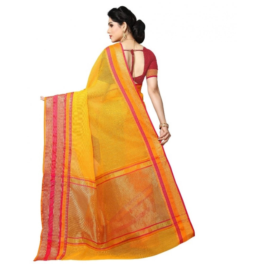 Clasymist Women's Kota Doria Cotton Border Saree With Blouse (Gold, 5-6 Mtrs)