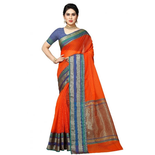 Clasymist Women's Kota Doria Cotton Border Saree With Blouse (Fanta, 5-6 Mtrs)