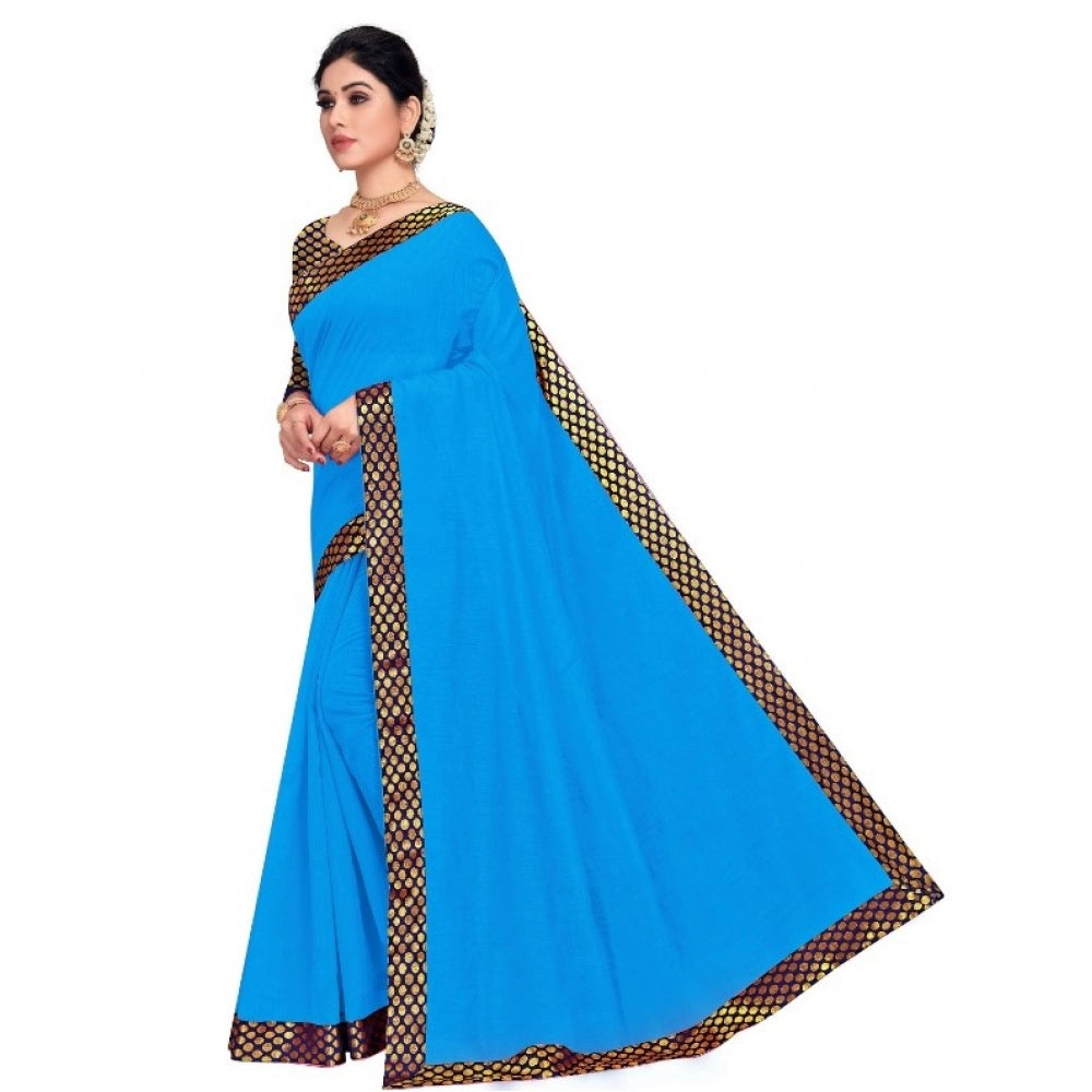 Clasymist Women's Chanderi Cotton Lace Border Saree With Blouse (Sky Blue, 5-6 Mtrs)