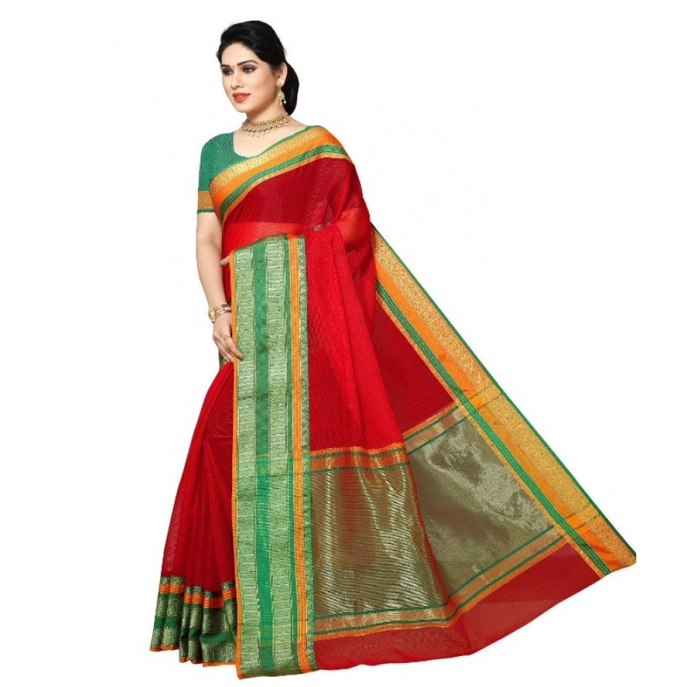 Clasymist Women's Kota Doria Cotton Border Saree With Blouse (Red, 5-6 Mtrs)