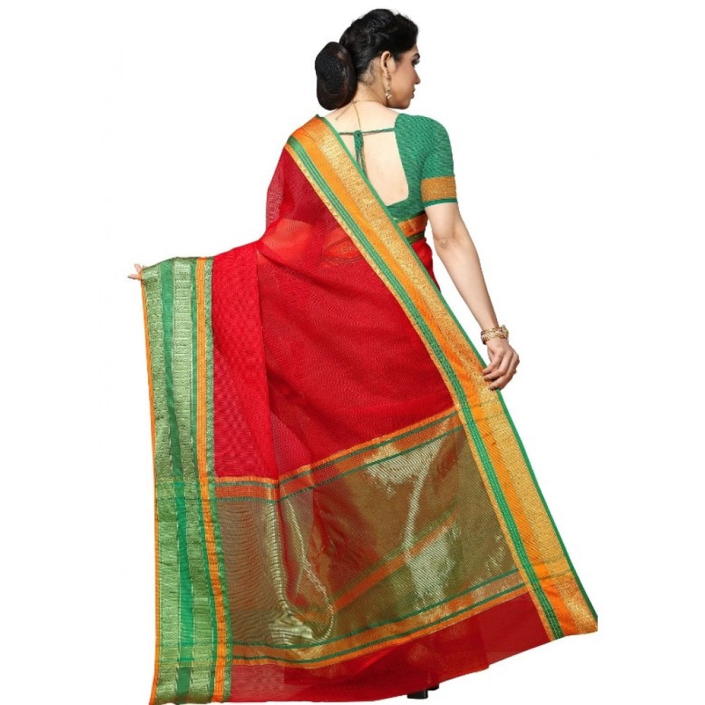 Clasymist Women's Kota Doria Cotton Border Saree With Blouse (Red, 5-6 Mtrs)