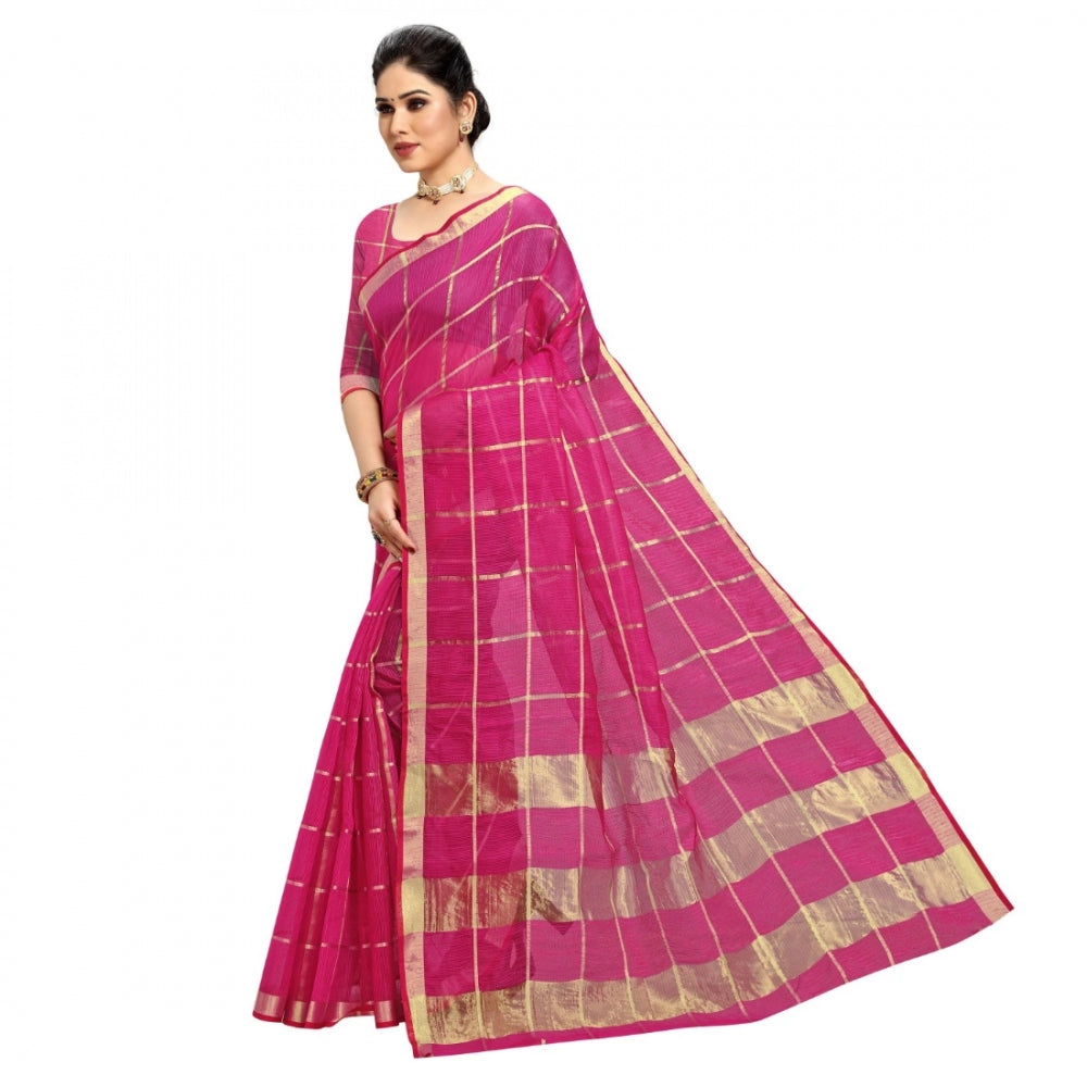 Clasymist Women's Kota Doria Cotton Checked Saree With Blouse (Rani, 5-6 Mtrs)