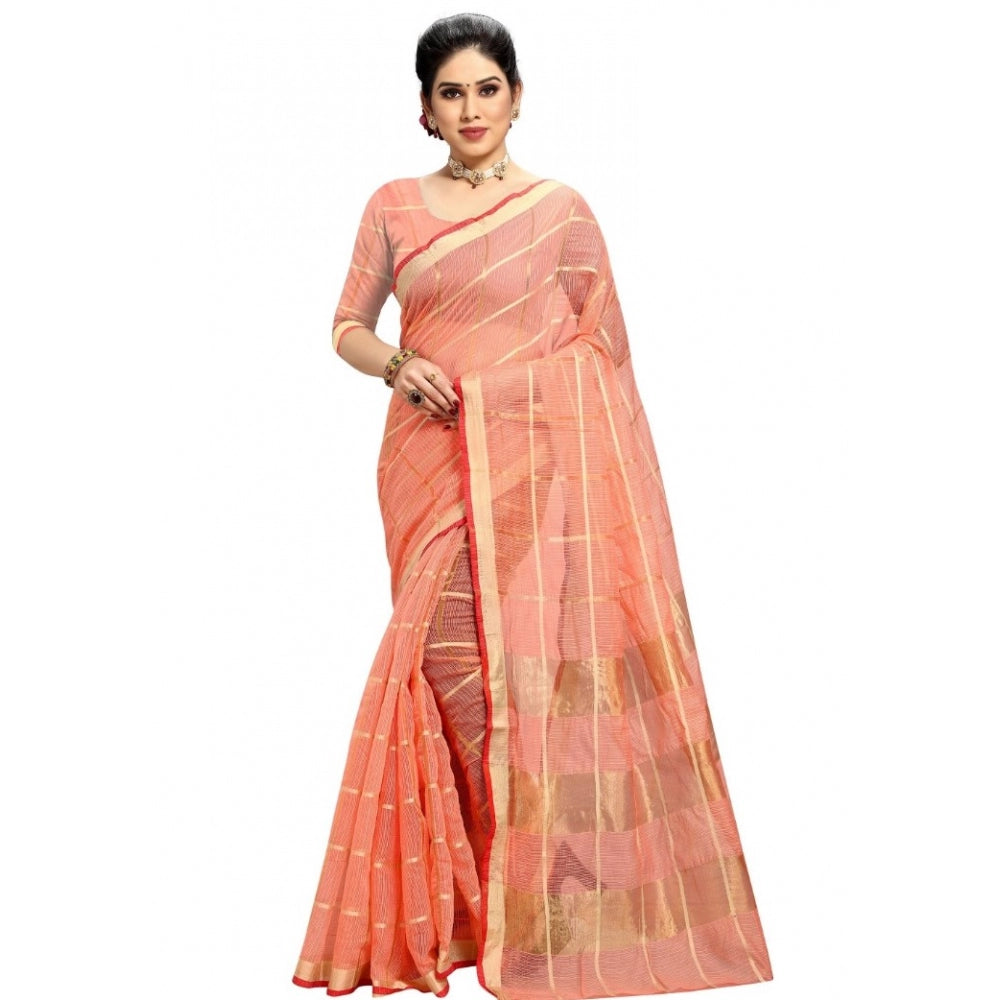 Clasymist Women's Kota Doria Cotton Checked Saree With Blouse (Peach, 5-6 Mtrs)