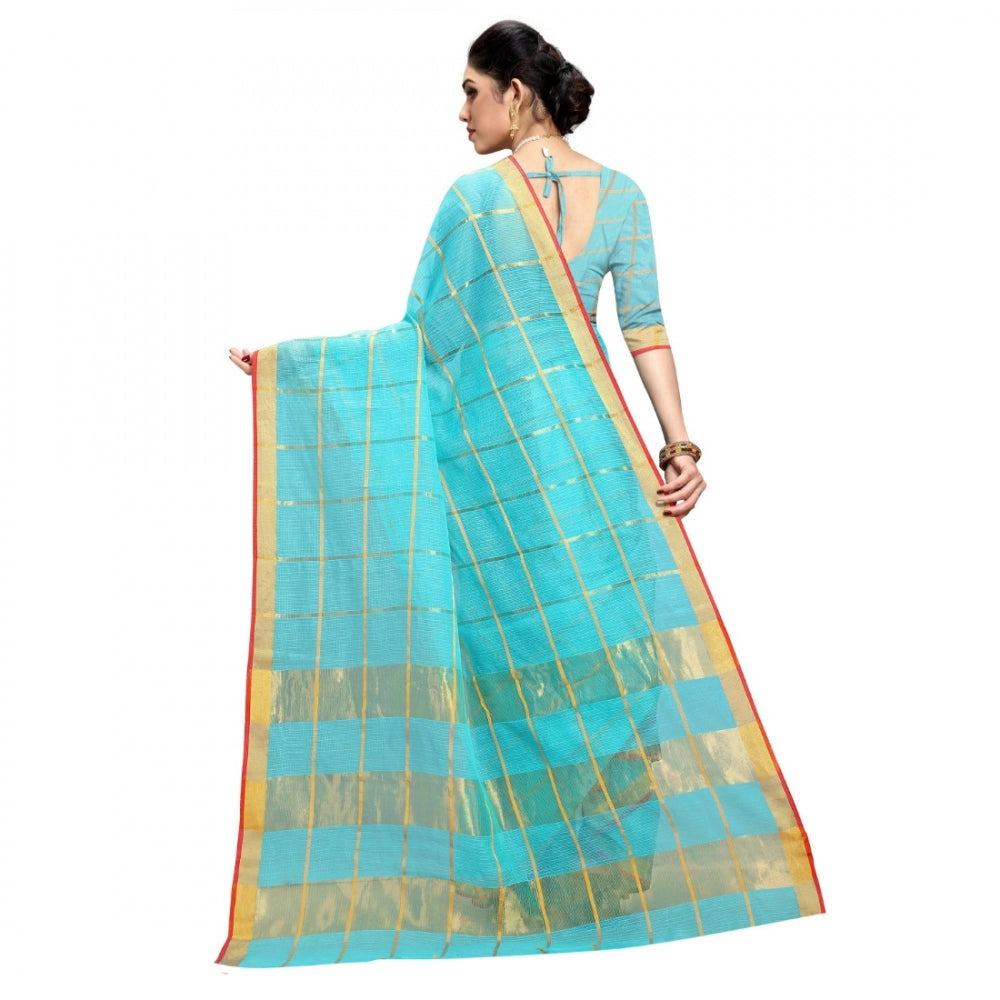 Clasymist Women's Kota Doria Cotton Checked Saree With Blouse (Sky Blue, 5-6 Mtrs)