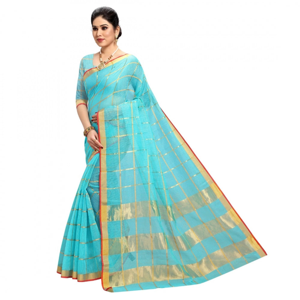 Clasymist Women's Kota Doria Cotton Checked Saree With Blouse (Sky Blue, 5-6 Mtrs)