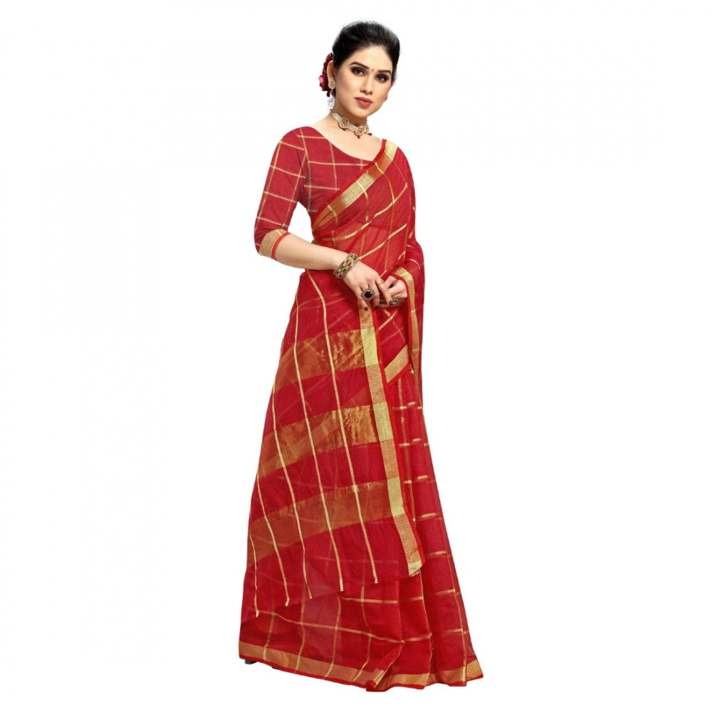 Clasymist Women's Kota Doria Cotton Checked Saree With Blouse (Red, 5-6 Mtrs)