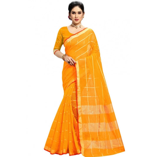 Clasymist Women's Kota Doria Cotton Checked Saree With Blouse (Yellow, 5-6 Mtrs)