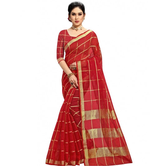 Clasymist Women's Kota Doria Cotton Checked Saree With Blouse (Red, 5-6 Mtrs)