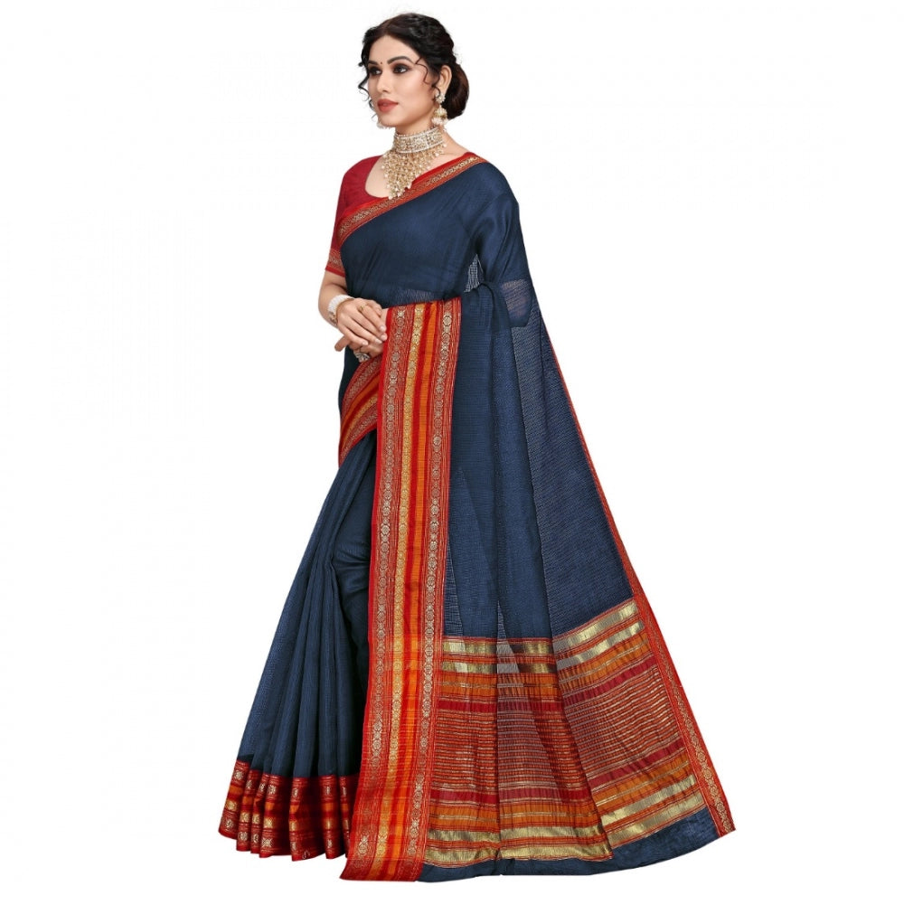 Clasymist Women's Kota Doria Cotton Bordered Saree With Blouse (Navy Blue, 5-6 Mtrs)