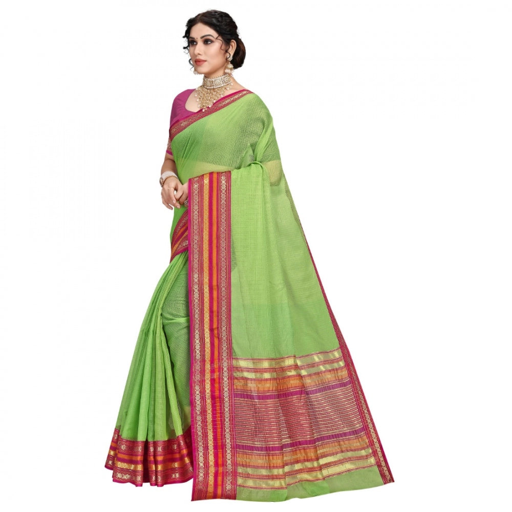 Clasymist Women's Kota Doria Cotton Bordered Saree With Blouse (Light Green, 5-6 Mtrs)