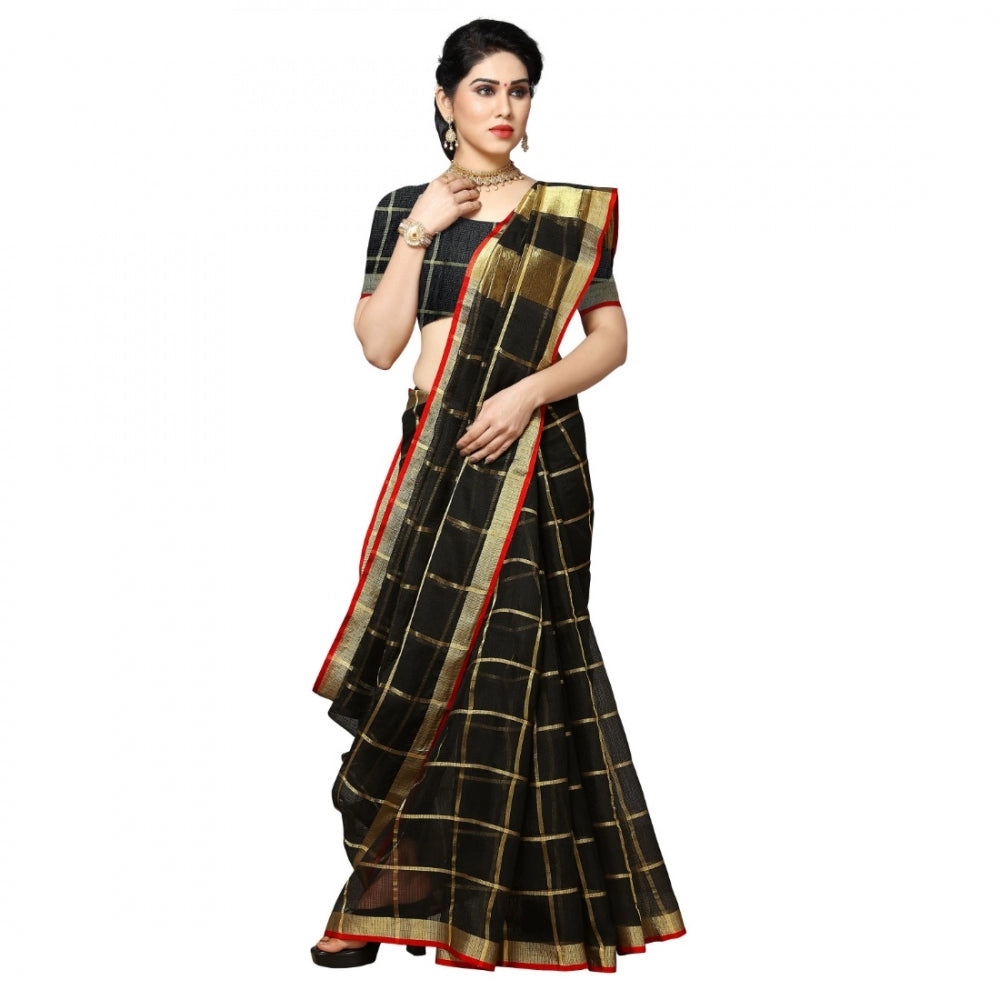 Clasymist Women's Kota Doria Cotton Checked Saree With Blouse (Black, 5-6 Mtrs)