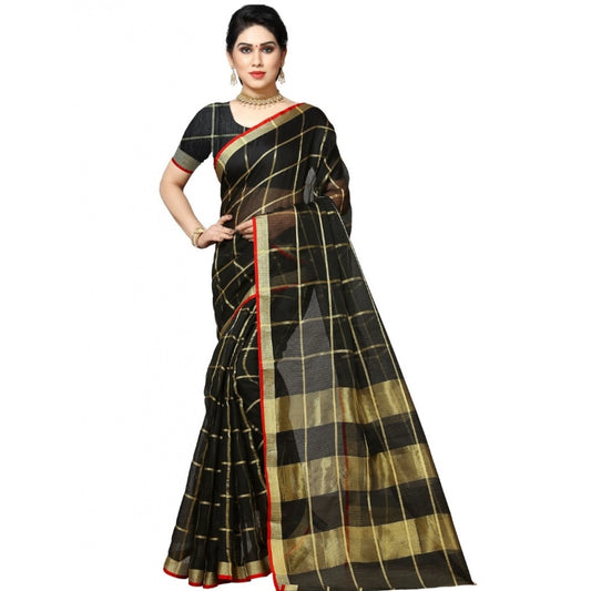 Clasymist Women's Kota Doria Cotton Checked Saree With Blouse (Black, 5-6 Mtrs)