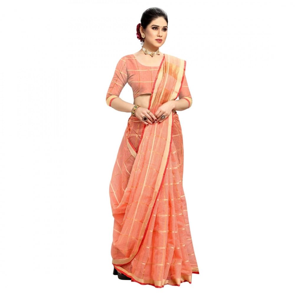 Clasymist Women's Kota Doria Cotton Checked Saree With Blouse (Peach, 5-6 Mtrs)