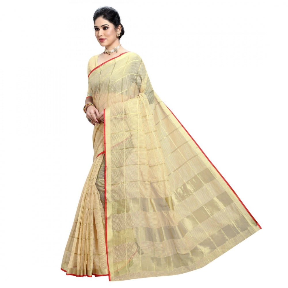 Clasymist Women's Kota Doria Cotton Checked Saree With Blouse (Beige, 5-6 Mtrs)