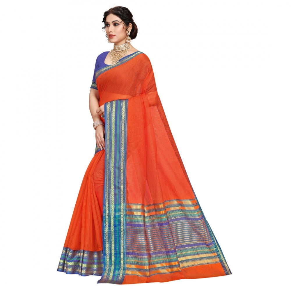 Clasymist Women's Kota Doria Cotton Bordered Saree With Blouse (Fanta, 5-6 Mtrs)