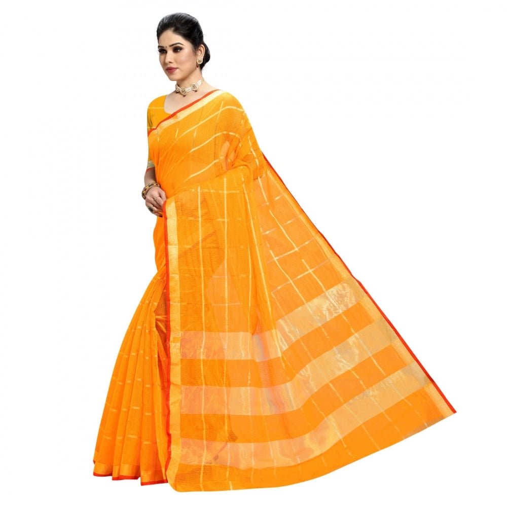 Clasymist Women's Kota Doria Cotton Checked Saree With Blouse (Yellow, 5-6 Mtrs)