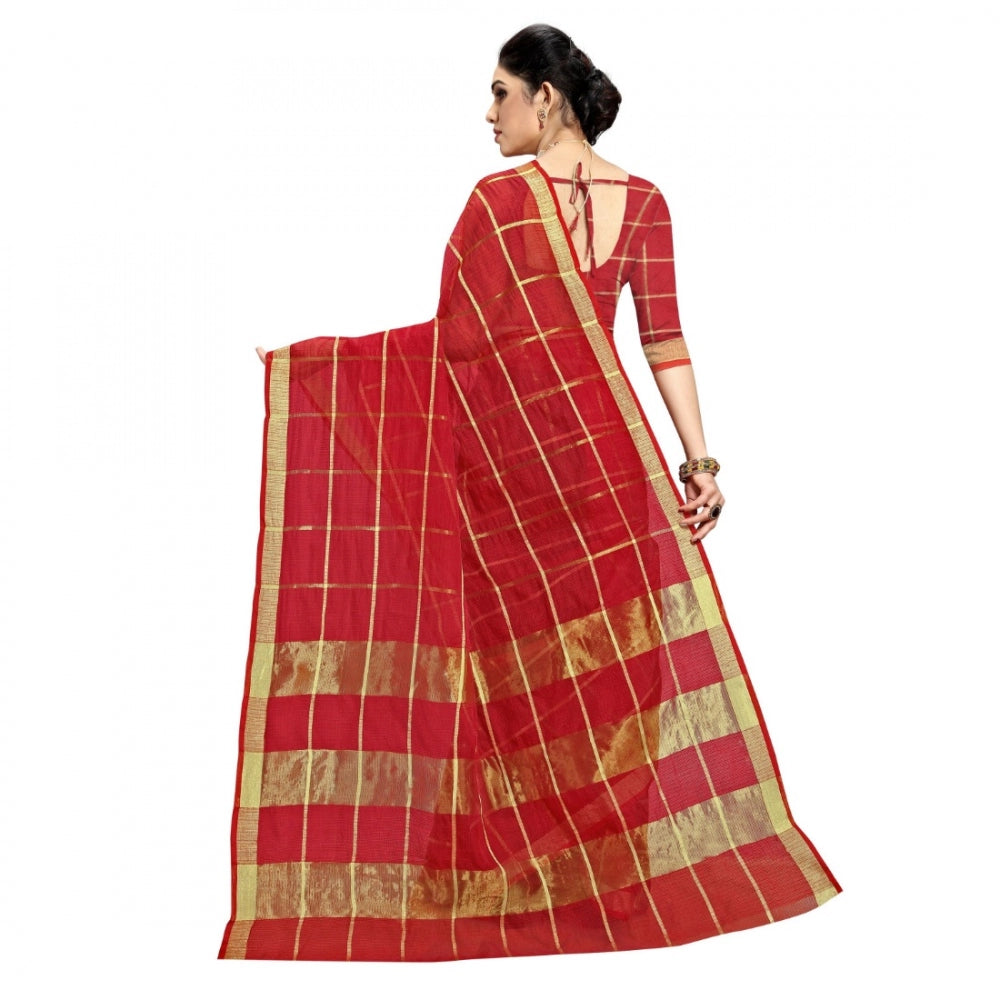 Clasymist Women's Kota Doria Cotton Checked Saree With Blouse (Red, 5-6 Mtrs)