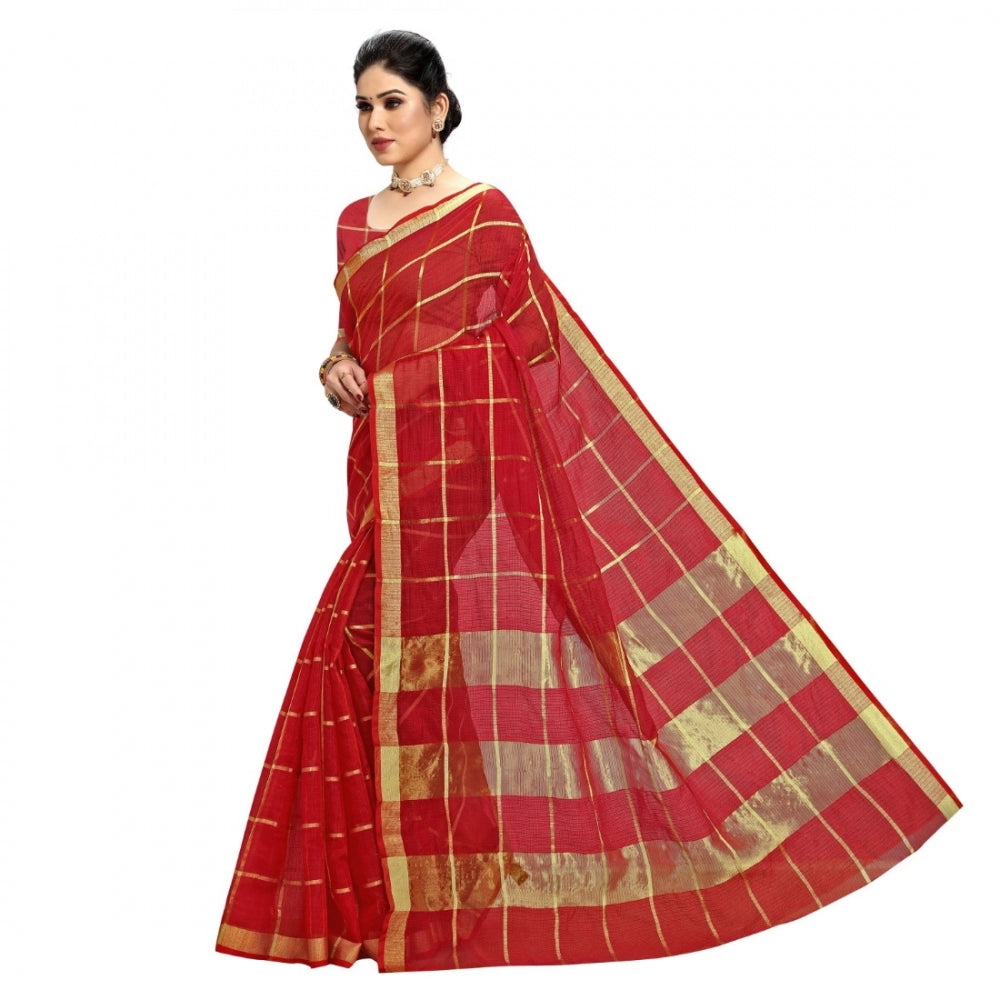 Clasymist Women's Kota Doria Cotton Checked Saree With Blouse (Red, 5-6 Mtrs)