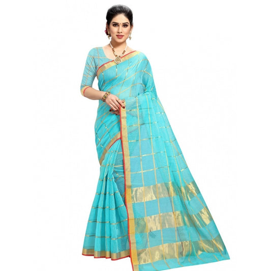 Clasymist Women's Kota Doria Cotton Checked Saree With Blouse (Sky Blue, 5-6 Mtrs)