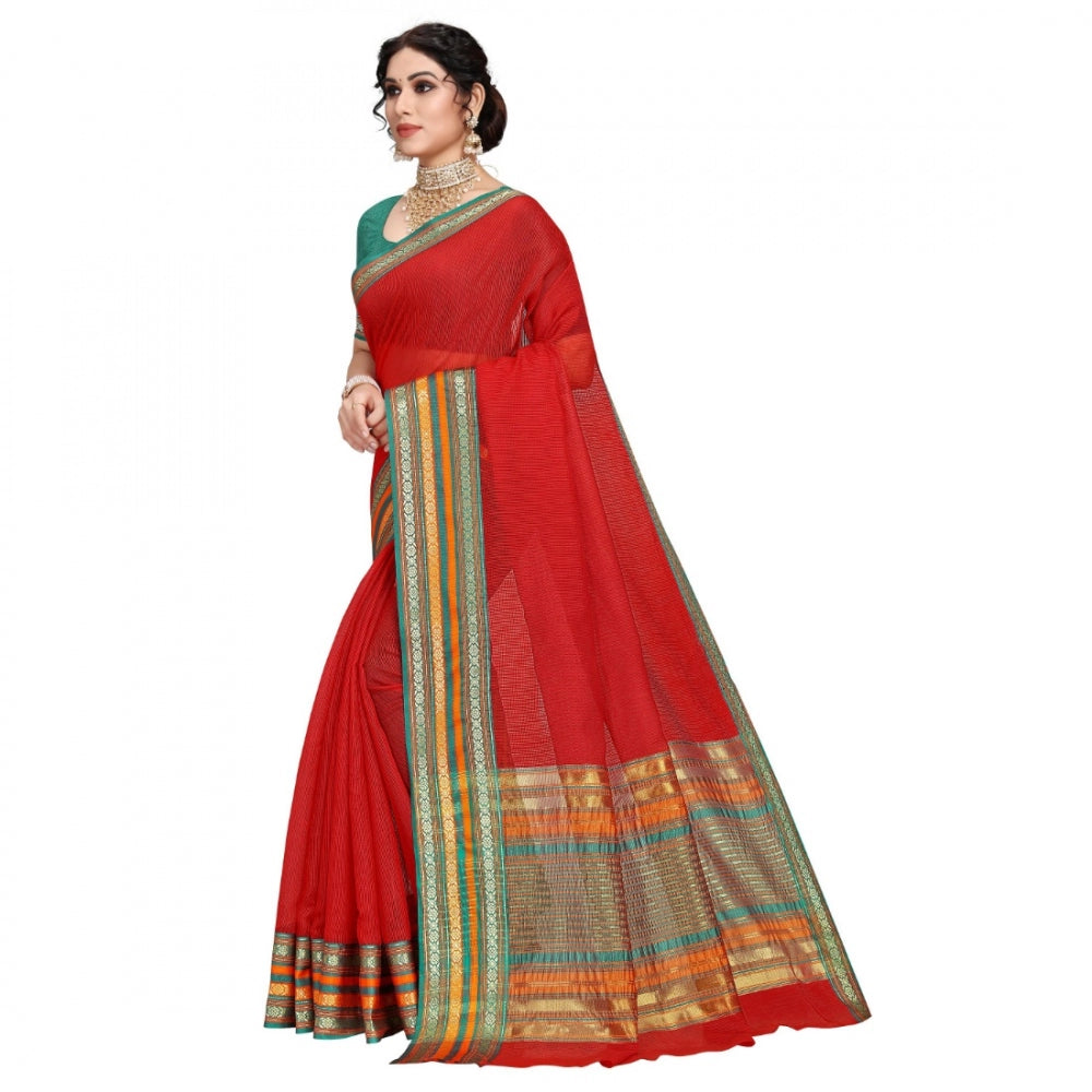 Clasymist Women's Kota Doria Cotton Bordered Saree With Blouse (Red, 5-6 Mtrs)