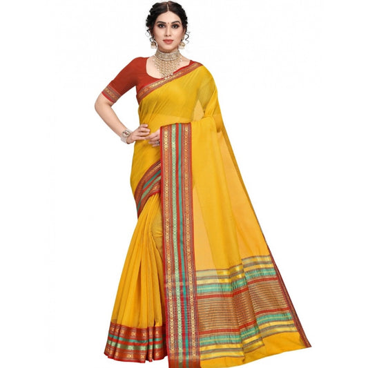 Clasymist Women's Kota Doria Cotton Bordered Saree With Blouse (Yellow, 5-6 Mtrs)