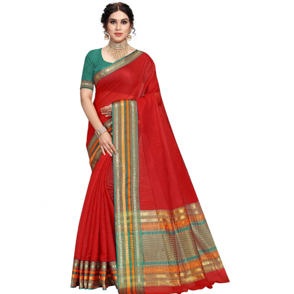 Clasymist Women's Kota Doria Cotton Bordered Saree With Blouse (Red, 5-6 Mtrs)