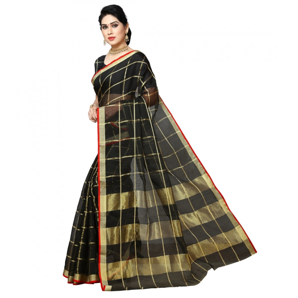 Clasymist Women's Kota Doria Cotton Checked Saree With Blouse (Black, 5-6 Mtrs)