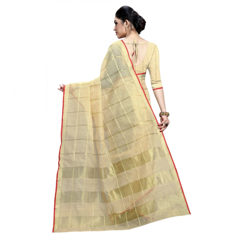 Clasymist Women's Kota Doria Cotton Checked Saree With Blouse (Beige, 5-6 Mtrs)