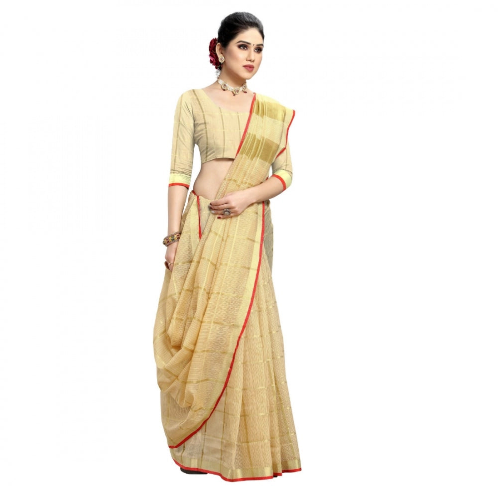 Clasymist Women's Kota Doria Cotton Checked Saree With Blouse (Beige, 5-6 Mtrs)