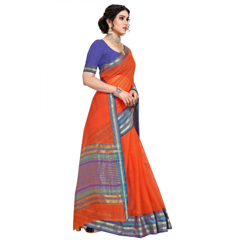 Clasymist Women's Kota Doria Cotton Bordered Saree With Blouse (Fanta, 5-6 Mtrs)