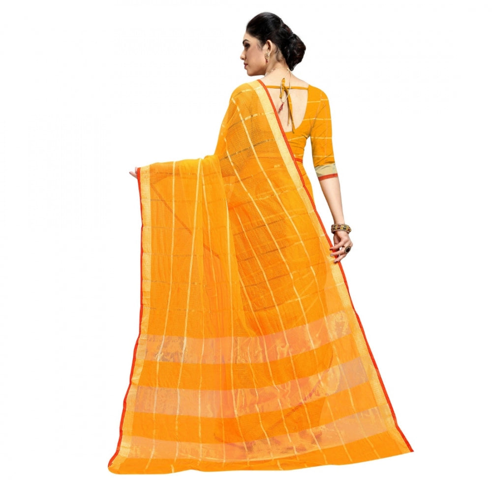 Clasymist Women's Kota Doria Cotton Checked Saree With Blouse (Yellow, 5-6 Mtrs)