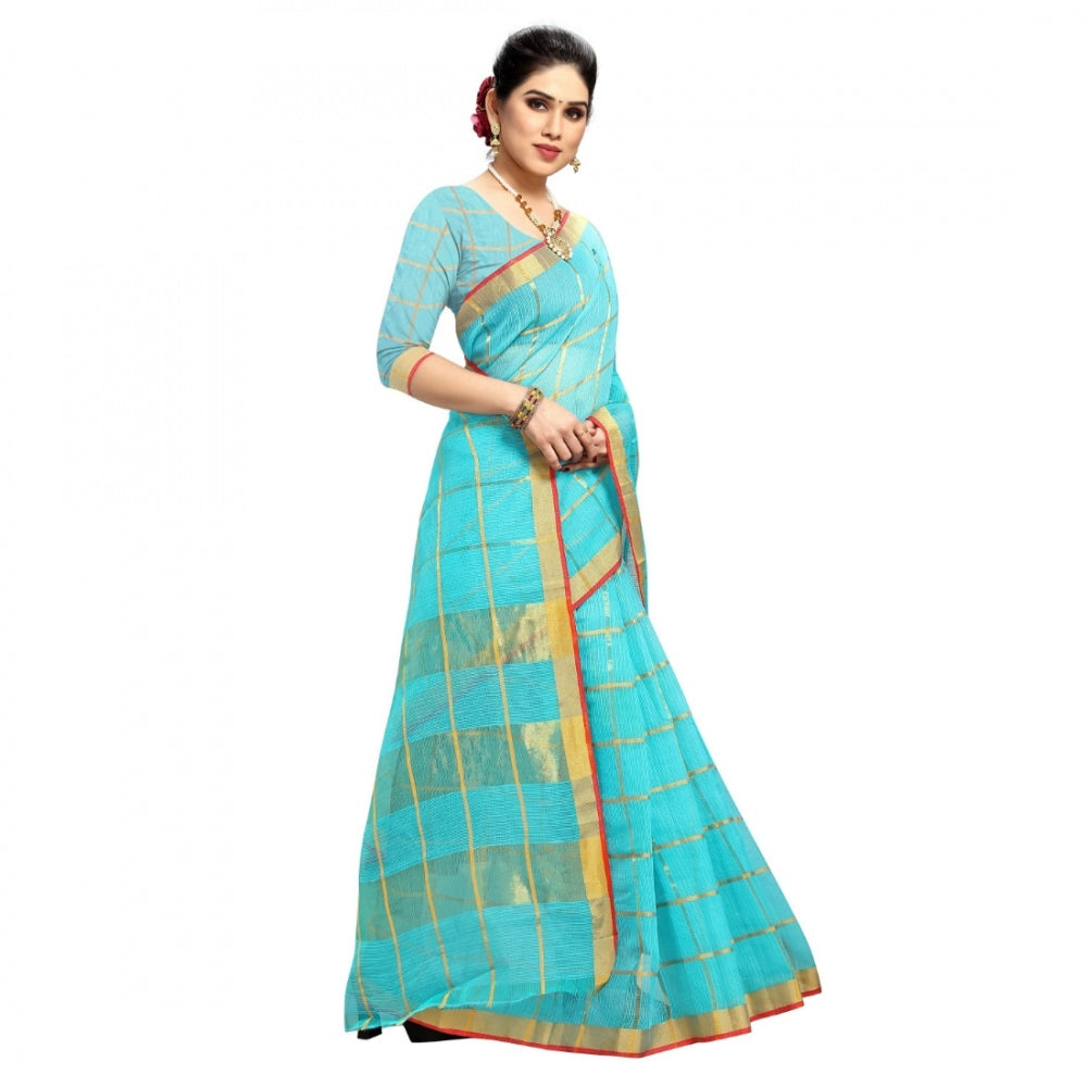 Clasymist Women's Kota Doria Cotton Checked Saree With Blouse (Sky Blue, 5-6 Mtrs)