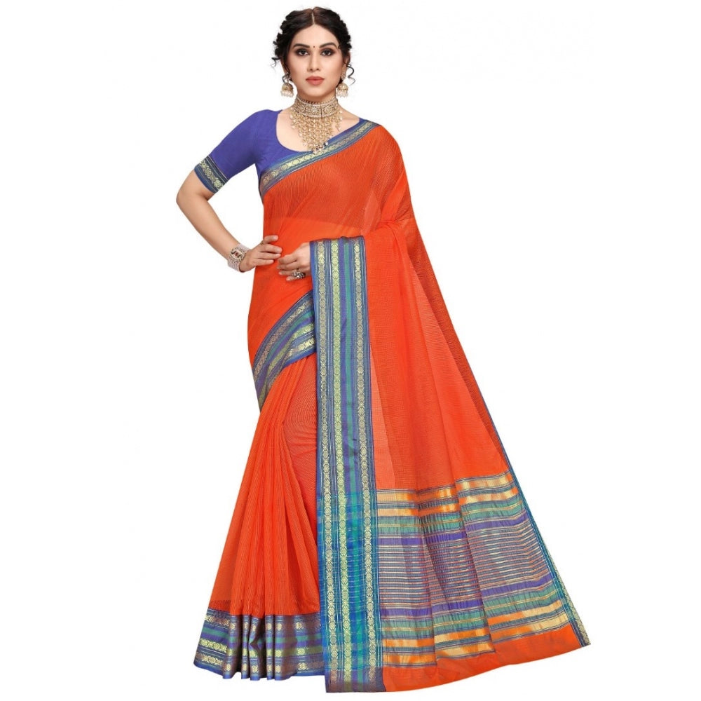 Clasymist Women's Kota Doria Cotton Bordered Saree With Blouse (Fanta, 5-6 Mtrs)