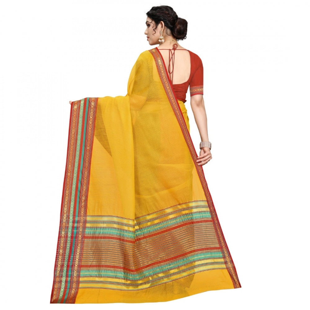 Clasymist Women's Kota Doria Cotton Bordered Saree With Blouse (Yellow, 5-6 Mtrs)