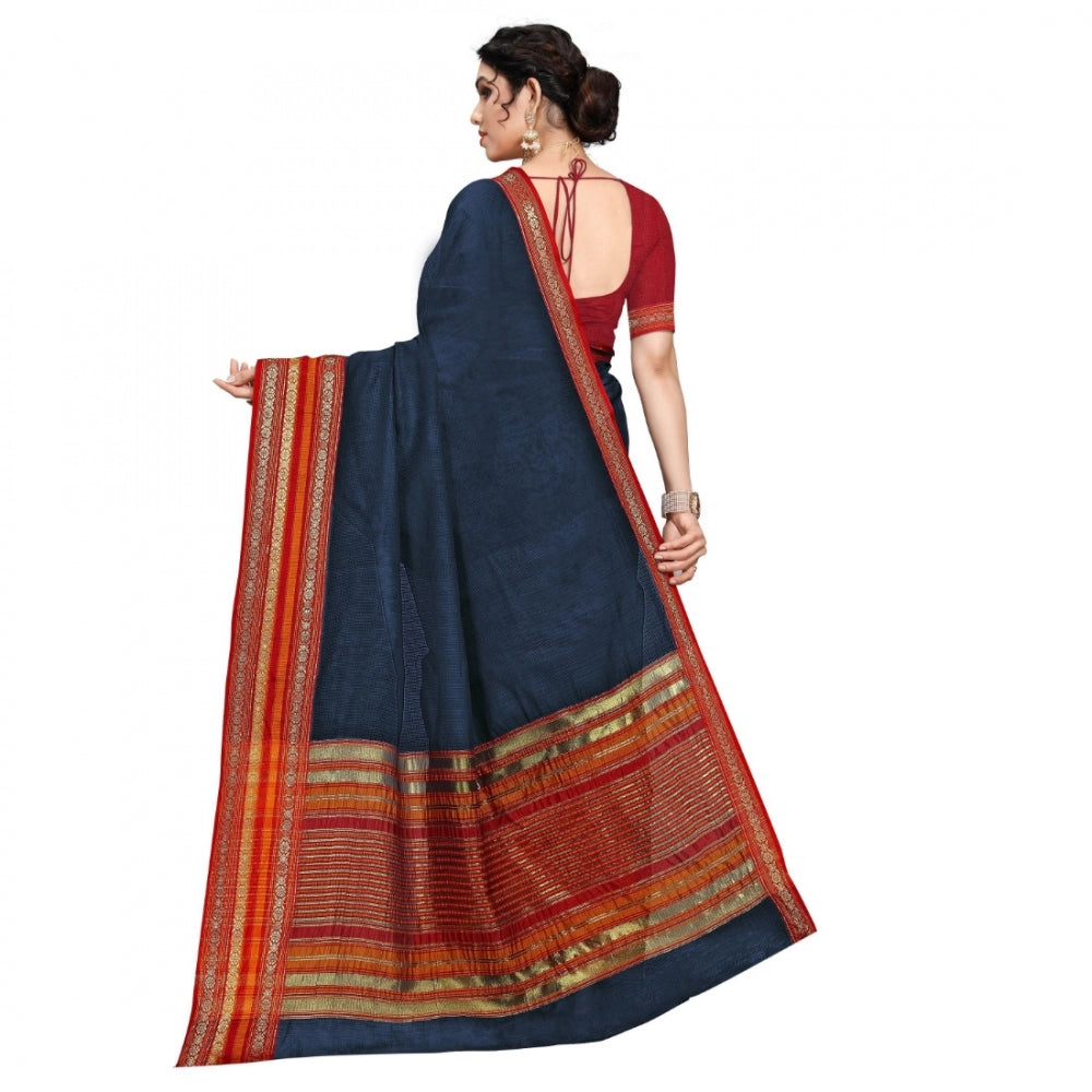 Clasymist Women's Kota Doria Cotton Bordered Saree With Blouse (Navy Blue, 5-6 Mtrs)