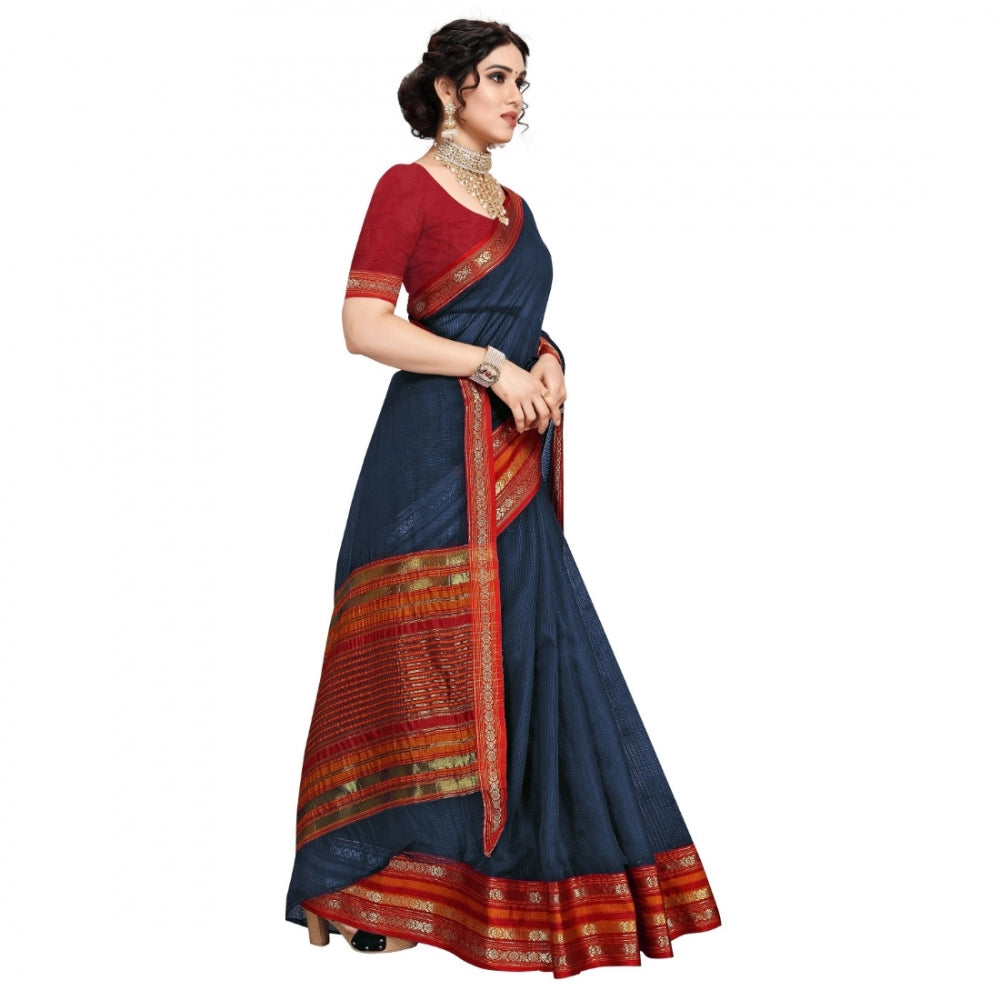 Clasymist Women's Kota Doria Cotton Bordered Saree With Blouse (Navy Blue, 5-6 Mtrs)