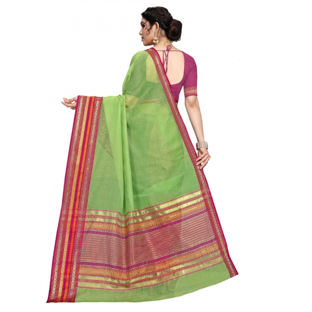 Clasymist Women's Kota Doria Cotton Bordered Saree With Blouse (Light Green, 5-6 Mtrs)