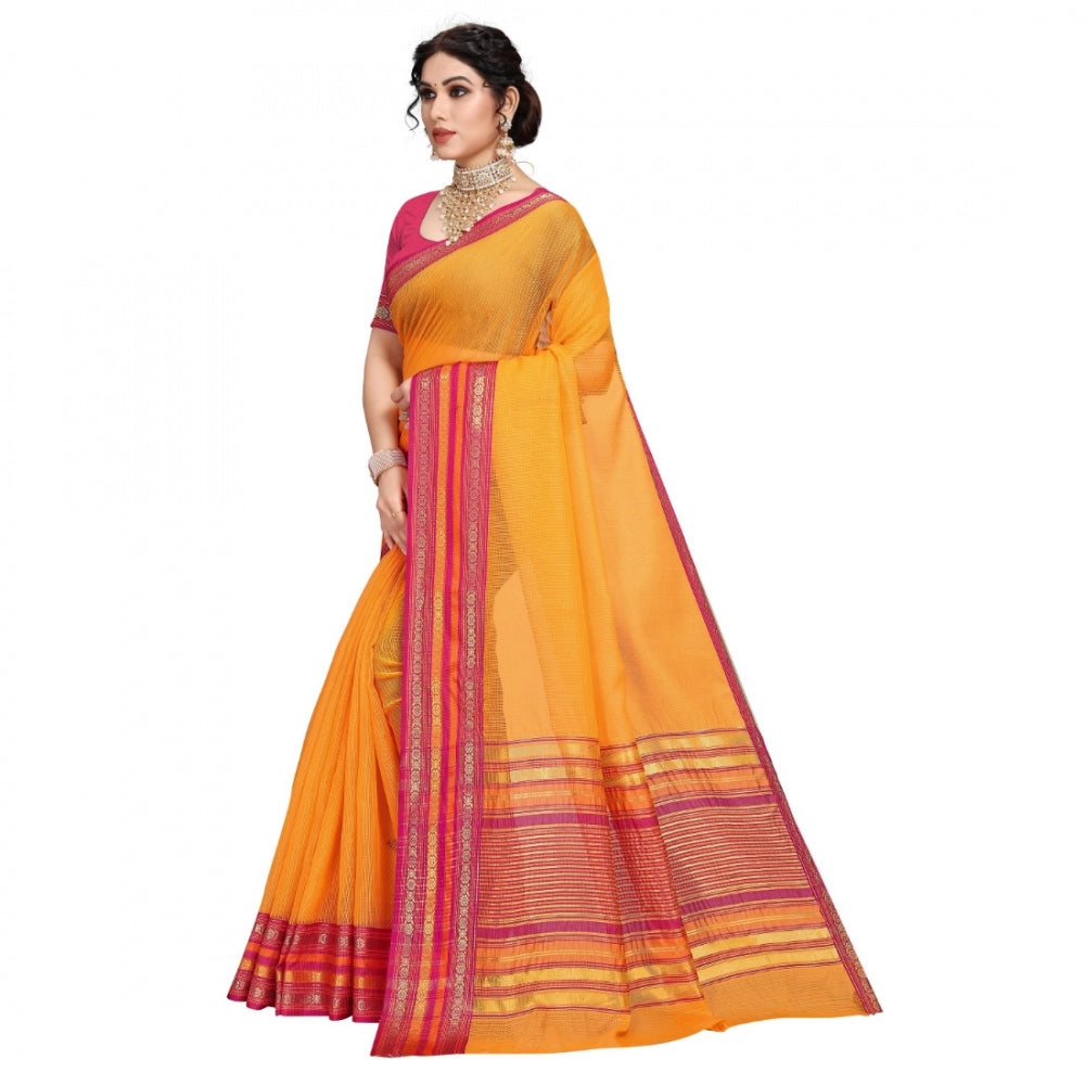 Clasymist Women's Kota Doria Cotton Bordered Saree With Blouse (Gold, 5-6 Mtrs)