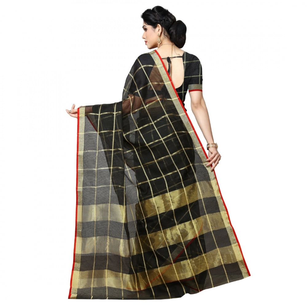 Clasymist Women's Kota Doria Cotton Checked Saree With Blouse (Black, 5-6 Mtrs)