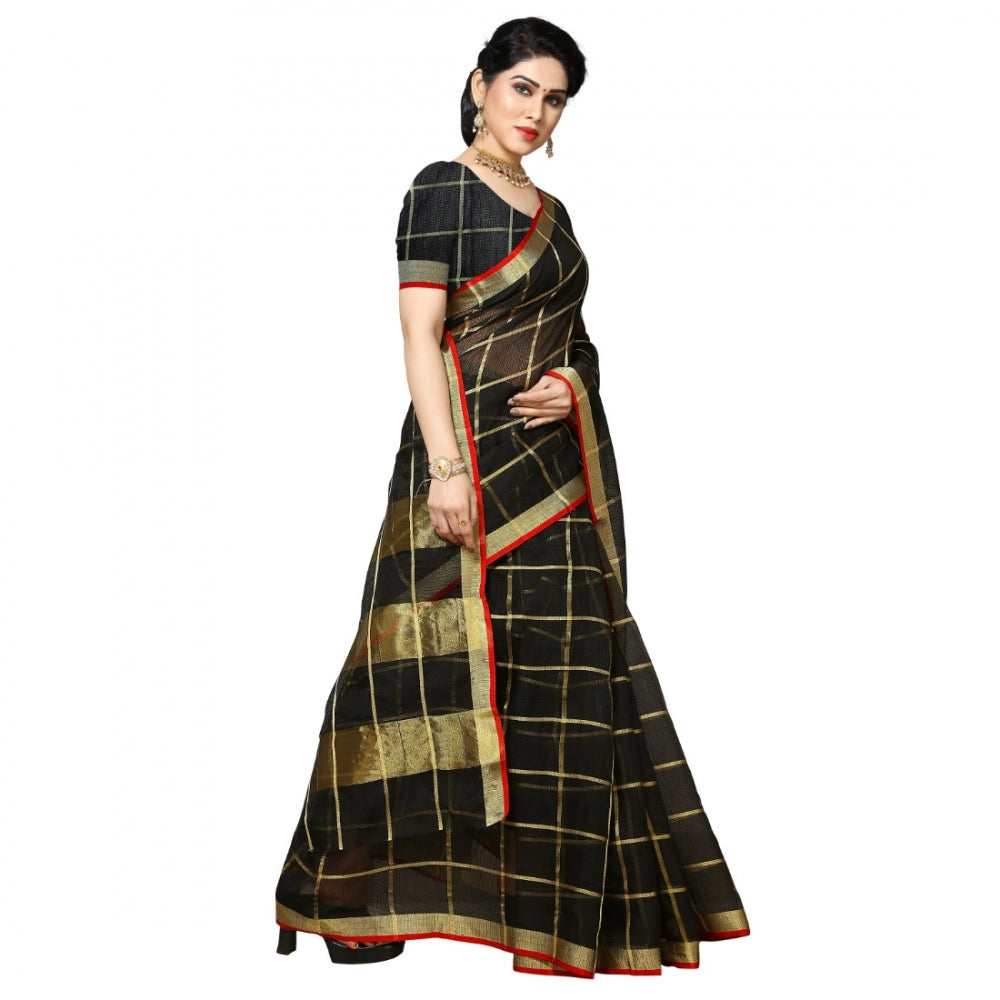 Clasymist Women's Kota Doria Cotton Checked Saree With Blouse (Black, 5-6 Mtrs)