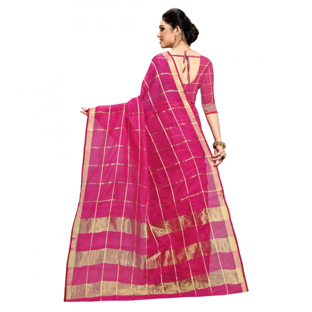 Clasymist Women's Kota Doria Cotton Checked Saree With Blouse (Rani, 5-6 Mtrs)