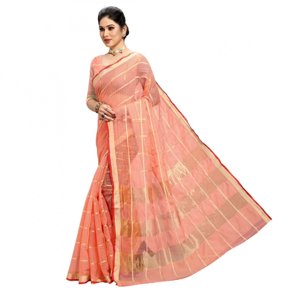 Clasymist Women's Kota Doria Cotton Checked Saree With Blouse (Peach, 5-6 Mtrs)