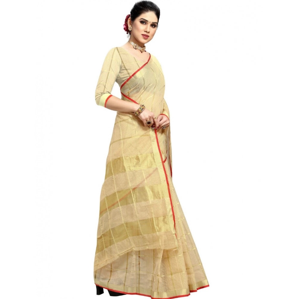 Clasymist Women's Kota Doria Cotton Checked Saree With Blouse (Beige, 5-6 Mtrs)