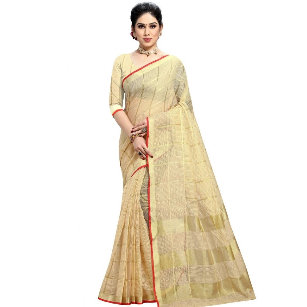 Clasymist Women's Kota Doria Cotton Checked Saree With Blouse (Beige, 5-6 Mtrs)