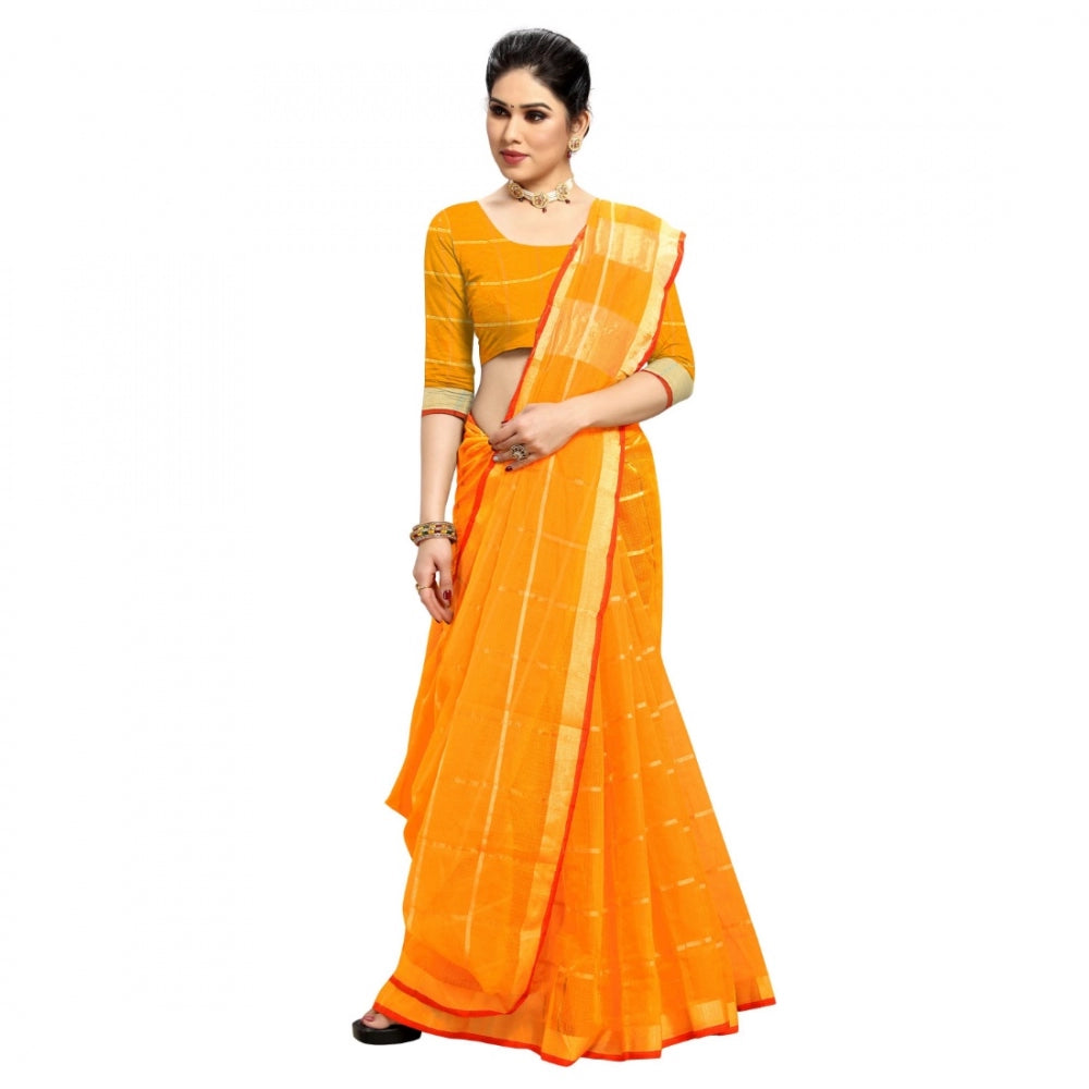 Clasymist Women's Kota Doria Cotton Checked Saree With Blouse (Yellow, 5-6 Mtrs)